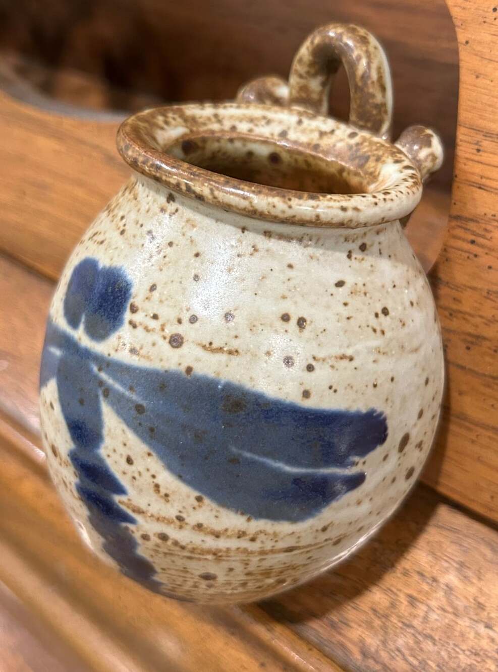 Handmade Studio Art Pottery Speckled Stoneware Vase with Blue Dragonfly Motif